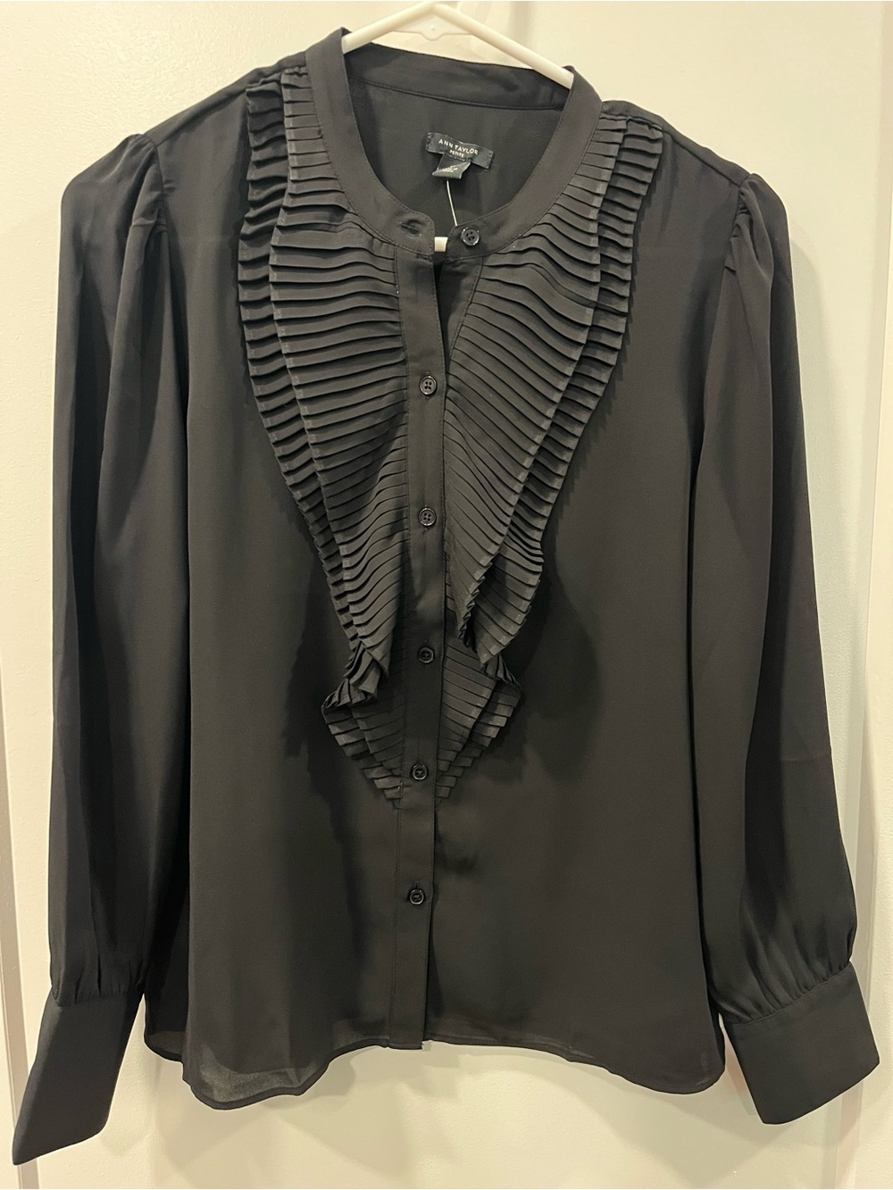 Ann Taylor Black Pleated Ruffle Front Blouse